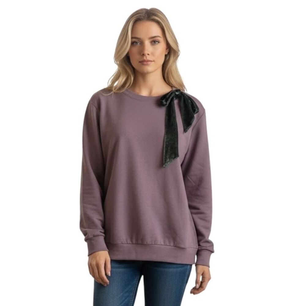 AnyBody French Terry Pullover Neck Bow Faded Plum Sz Medium Oversized NEW